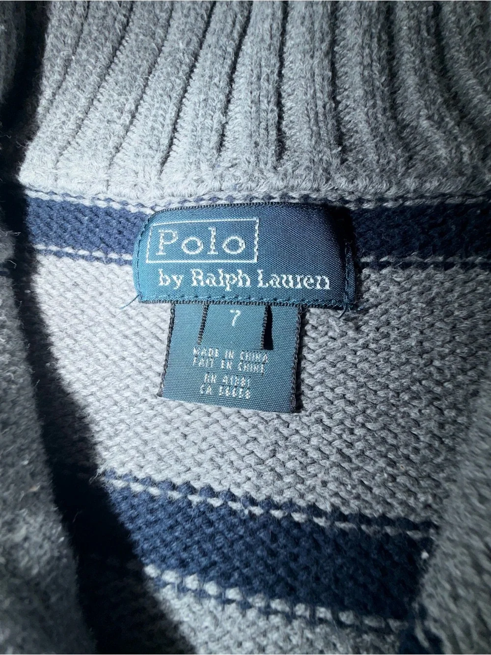 Ralph Lauren Kids Gray and Navy Striped Zip-Neck Sweater with classic Red Logo